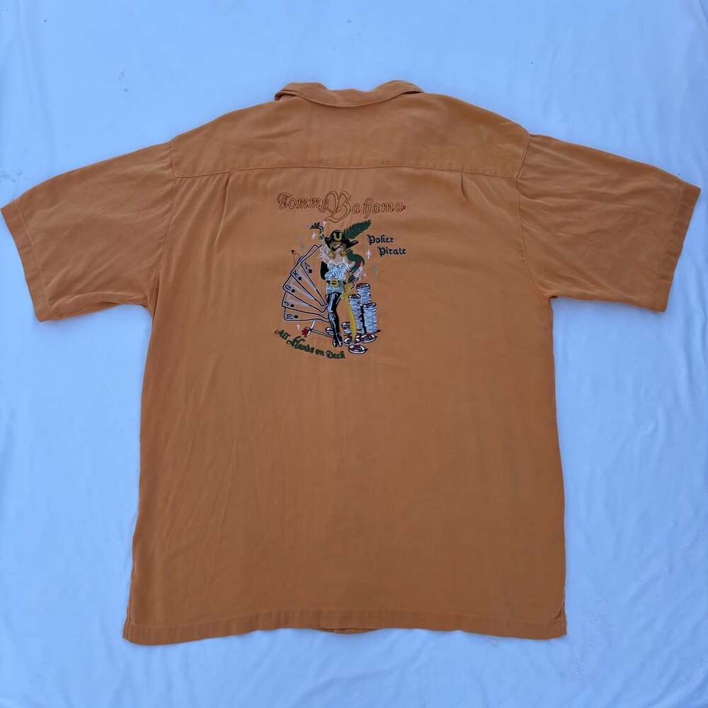Tommy Bahama Men XXL Poker Pirate Silk Camp Shirt Burnt Orange All Hands On Deck